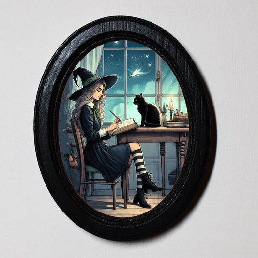 Witches Homework Black Cat Halloween Oval Wooden Framed Print 3"x4", 3.5"x5", 4"x6", 5"x7", 6"x8"