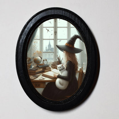 Witch Studying Spells White Cat Halloween Oval Wooden Framed Print 3"x4", 3.5"x5", 4"x6", 5"x7", 6"x8"