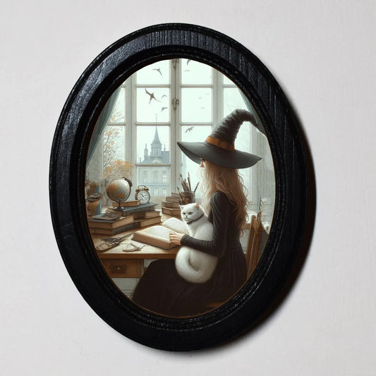 Witch Studying Spells White Cat Halloween Oval Wooden Framed Print 3"x4", 3.5"x5", 4"x6", 5"x7", 6"x8"