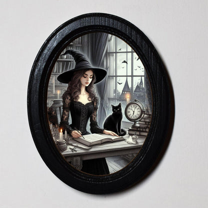 Witches Journal Black Cat Halloween Oval Wooden Framed Print 3"x4", 3.5"x5", 4"x6", 5"x7", 6"x8"
