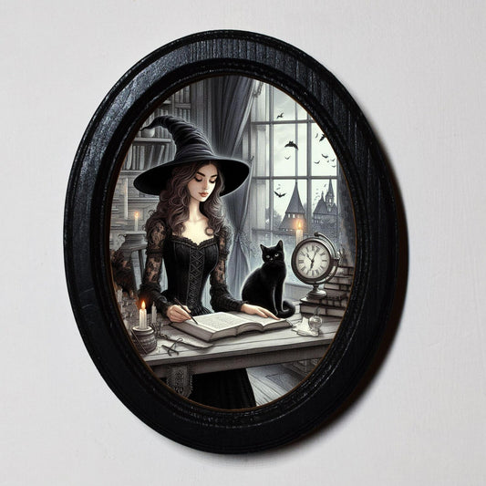 Witches Journal Black Cat Halloween Oval Wooden Framed Print 3"x4", 3.5"x5", 4"x6", 5"x7", 6"x8"