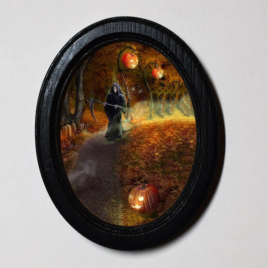 Grim Reaper on Pumpkin Path Spooky Halloween Oval Wooden Framed Print 3"x4"