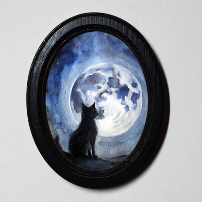 Black Cat Moon Gothic Spooky Halloween Oval Wooden Framed Print 3"x4", 3.5"x5", 4"x6", 5"x7"