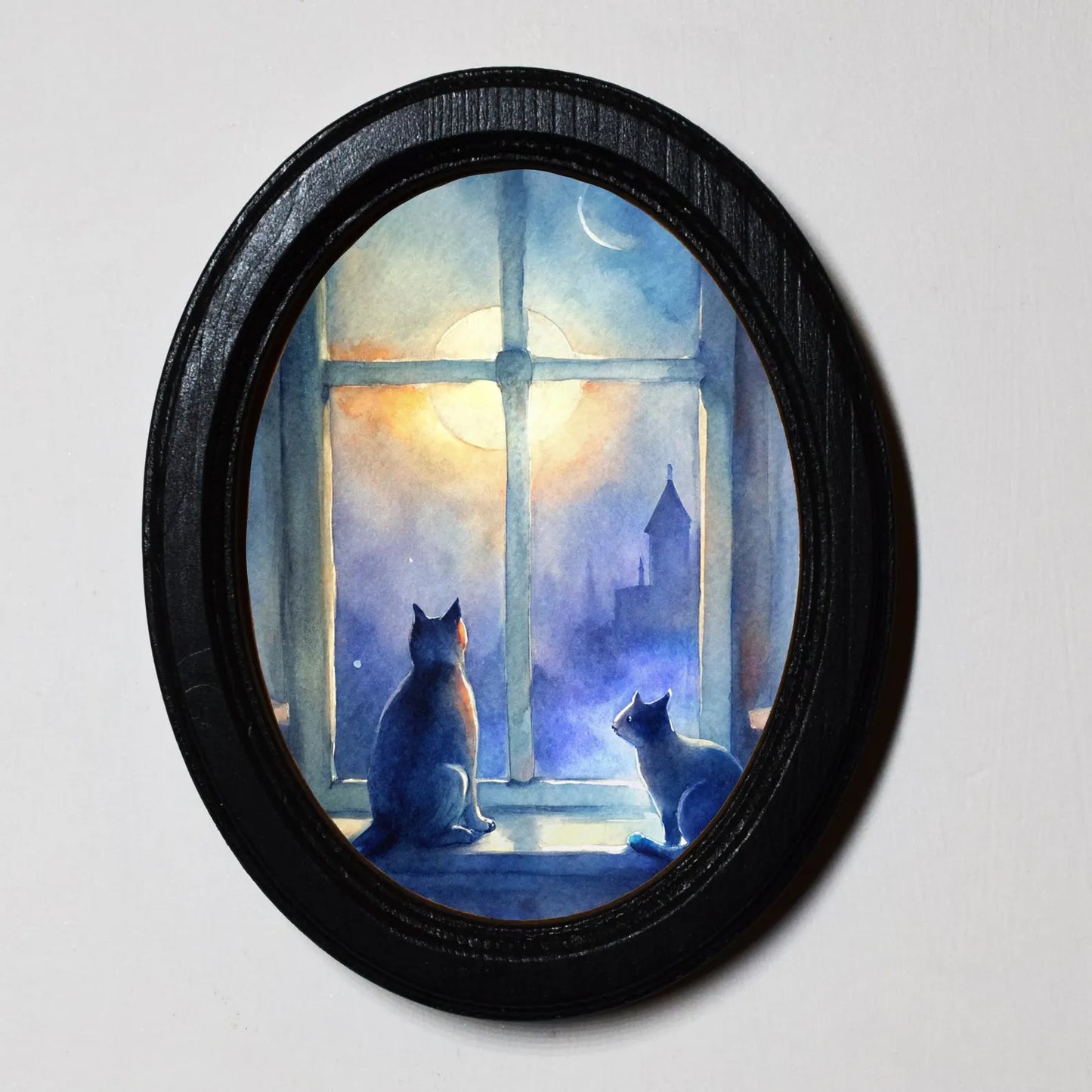 Cats Sitting In Window Moon Gothic Halloween Oval Wooden Framed Print 3"x4", 3.5"x5", 4"x6", 5"x7"