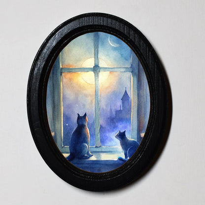 Cats Sitting In Window Moon Gothic Halloween Oval Wooden Framed Print 3"x4", 3.5"x5", 4"x6", 5"x7"