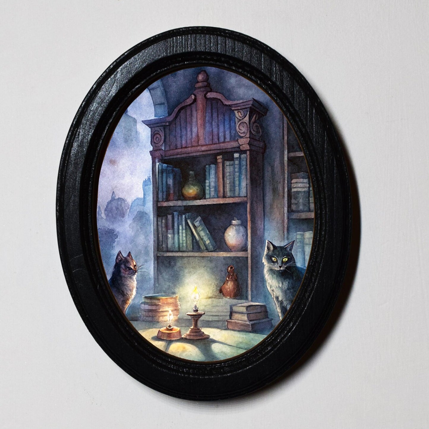 Cats In the Library Dark Academia Spooky Halloween Oval Wooden Framed Print 3"x4", 3.5"x5", 4"x6", 5"x7"