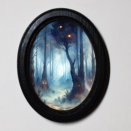 Dark Mystical Forest Gothic Halloween Oval Wooden Framed Print 3"x4", 3.5"x5", 4"x6", 5"x7"