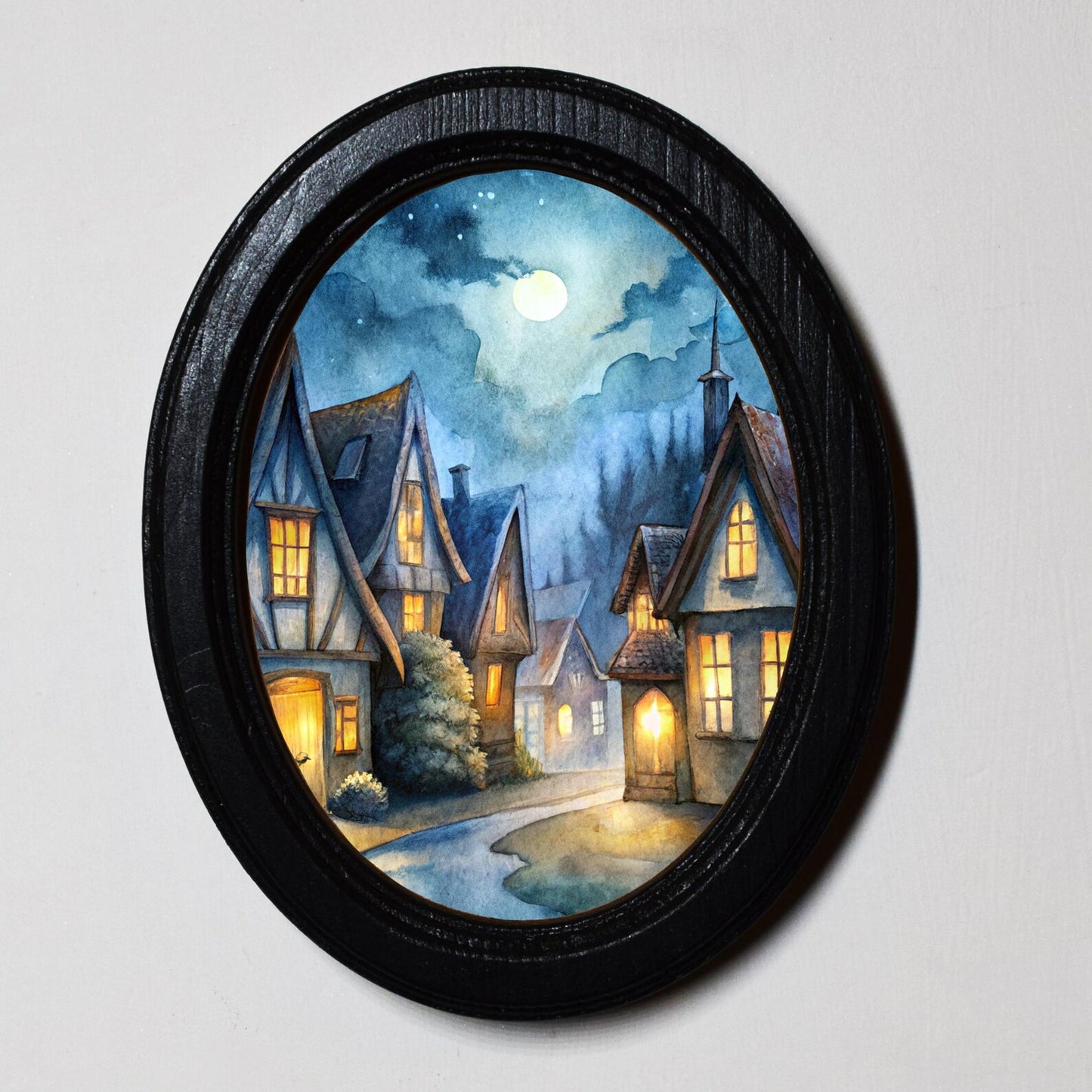 Gothic Village Cottages Halloween Oval Wooden Framed Print 3"x4", 3.5"x5", 4"x6", 5"x7"