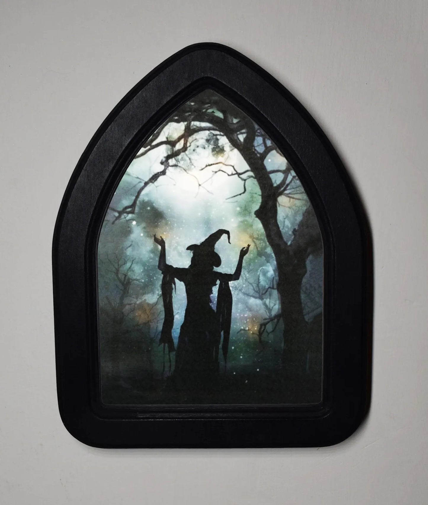 Spooky Wood Witch Gothic Halloween Arch Shaped Wooden Framed Print 3"x4", 4"x6"