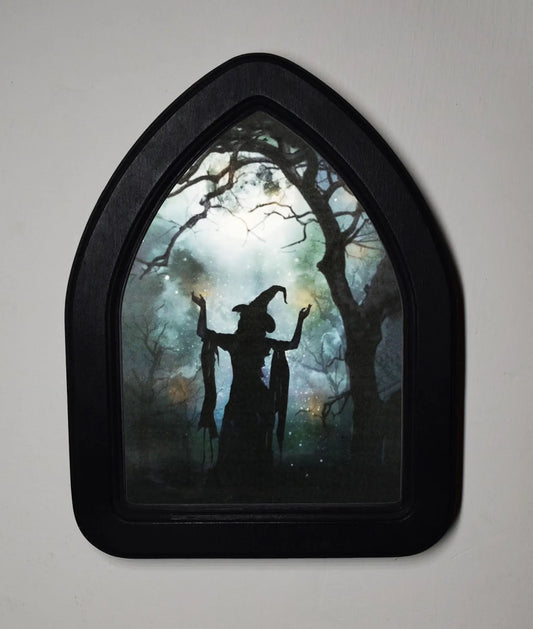 Spooky Wood Witch Gothic Halloween Arch Shaped Wooden Framed Print 3"x4", 4"x6"