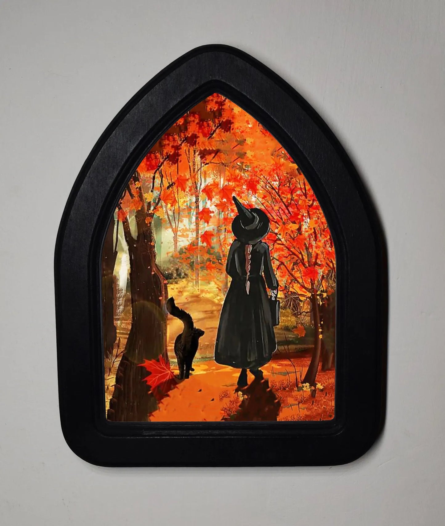 Autumn Witch Gothic Halloween Arch Shaped Wooden Framed Print 3"x4", 4"x6"