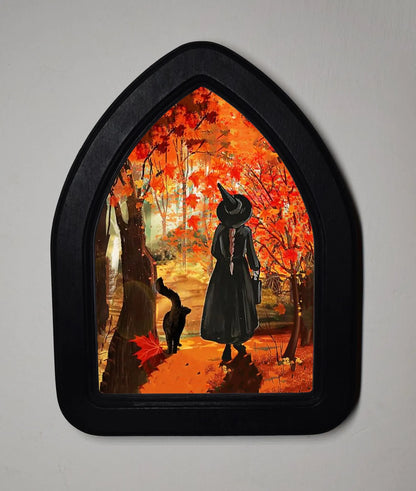 Autumn Witch Gothic Halloween Arch Shaped Wooden Framed Print 3"x4", 4"x6"