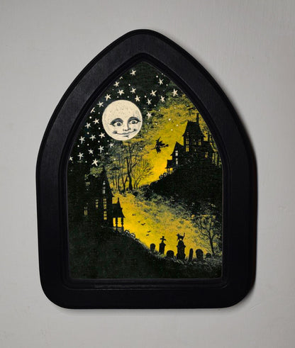 Autumn Moon Gothic Halloween Arch Shaped Wooden Framed Print 3"x4", 4"x6"