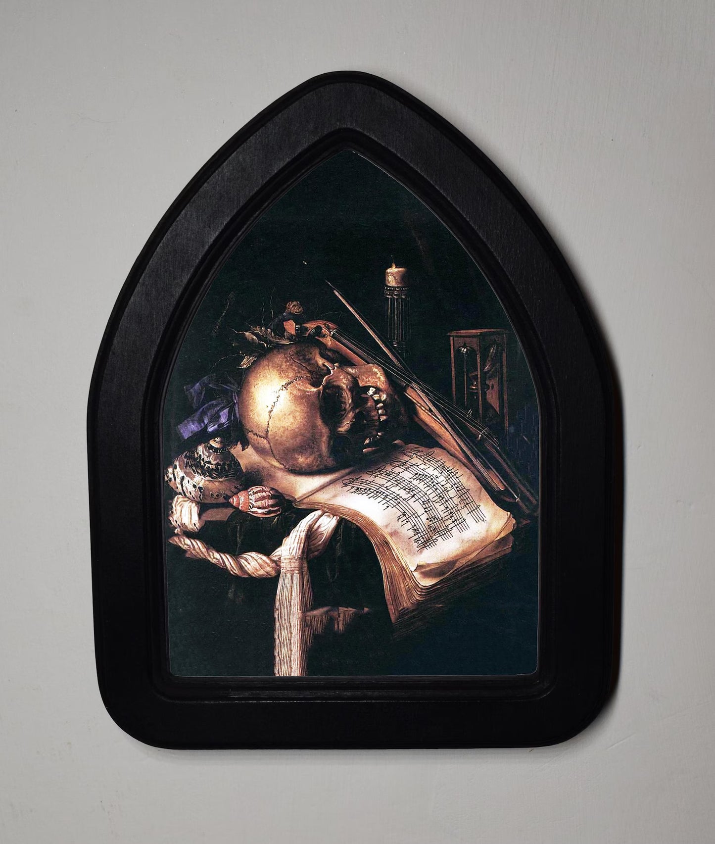 Skull, Music Book, and Violin Carstian Luyckx Gothic Halloween Arch Shaped Wooden Framed Print 3"x4", 4"x6"