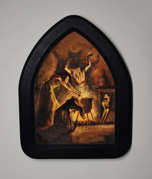 The Three Witches From Macbeth George Cattermole Gothic Halloween Arch Shaped Wooden Framed Print 3"x4", 4"x6"