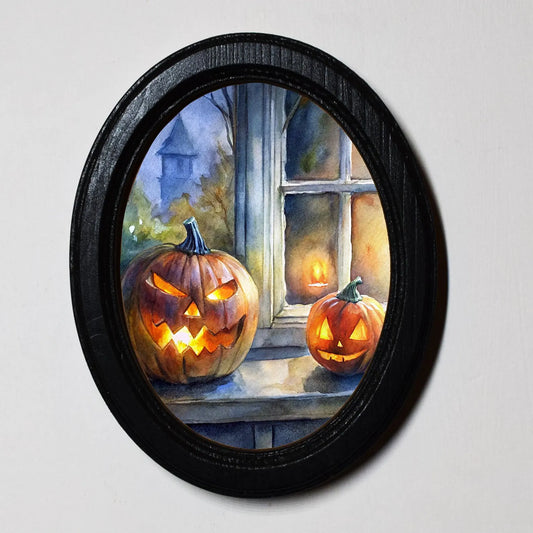 Carved Halloween Pumpkins On Windowsill Halloween Oval Wooden Framed Print 3"x4", 3.5"x5", 4"x6", 5"x7"