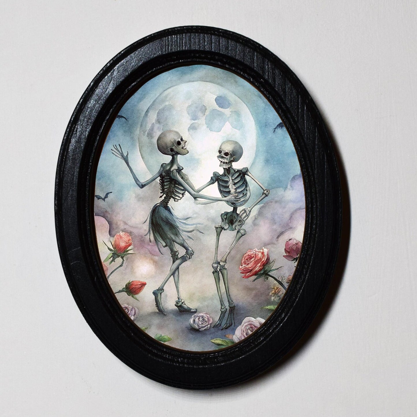 Dancing Skeleton Couple Romantic Spooky Halloween Oval Wooden Framed Print 3"x4", 3.5"x5", 4"x6", 5"x7"