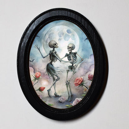 Dancing Skeleton Couple Romantic Spooky Halloween Oval Wooden Framed Print 3"x4", 3.5"x5", 4"x6", 5"x7"