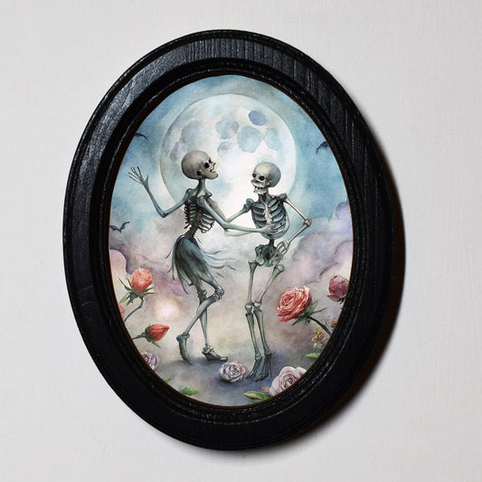 Dancing Skeleton Couple Romantic Spooky Halloween Oval Wooden Framed Print 3"x4", 3.5"x5", 4"x6", 5"x7"