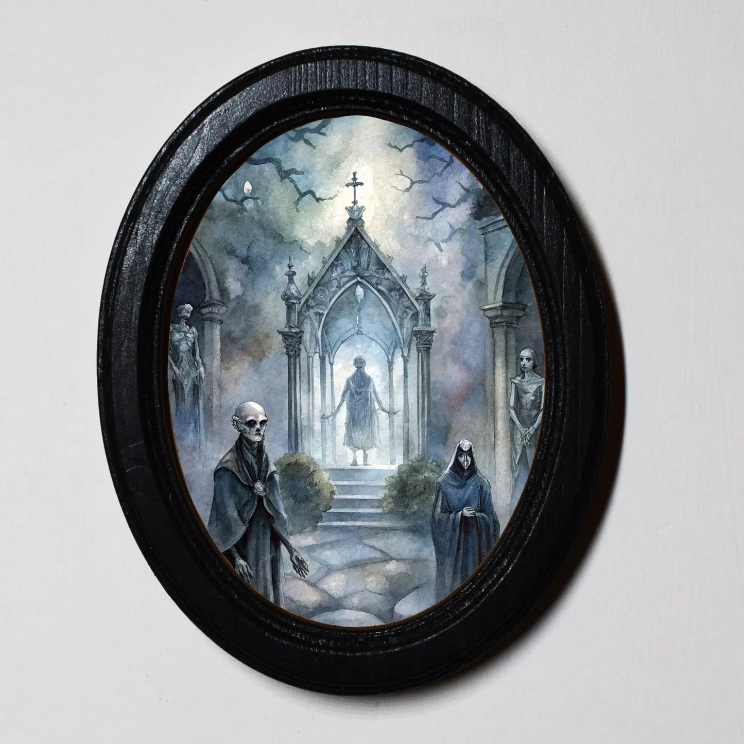 Skeleton Alter Gothic Spooky Halloween Oval Wooden Framed Print 3"x4", 3.5"x5", 4"x6", 5"x7"