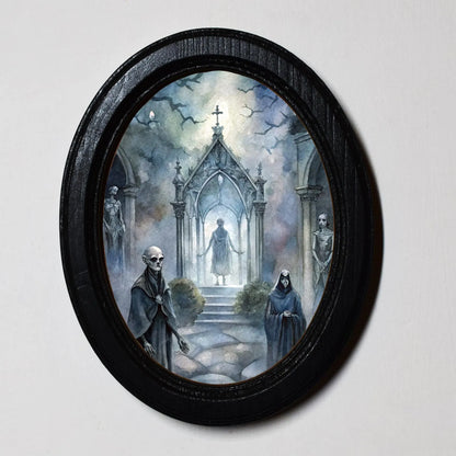Skeleton Alter Gothic Spooky Halloween Oval Wooden Framed Print 3"x4", 3.5"x5", 4"x6", 5"x7"