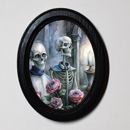 Skeleton Couple With Roses Romantic Spooky Halloween Oval Wooden Framed Print 3"x4", 3.5"x5", 4"x6", 5"x7"