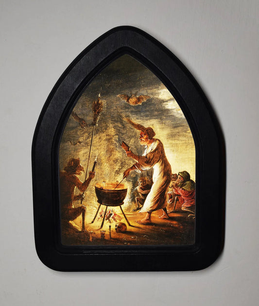 Witch Scene David Teniers Gothic Halloween Arch Shaped Wooden Framed Print 3"x4", 4"x6"