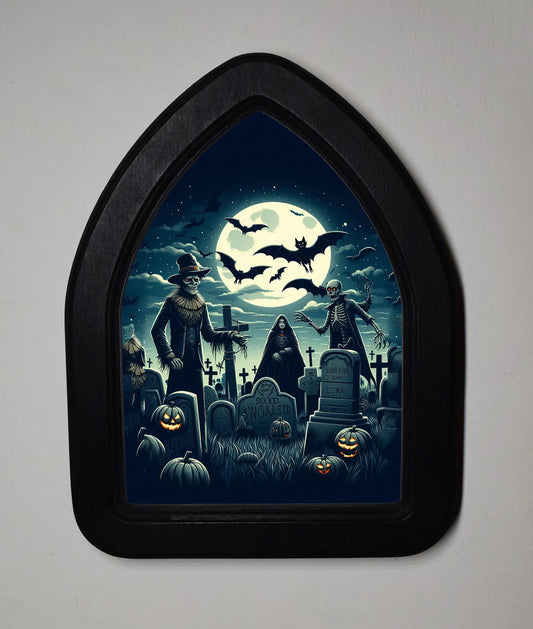 Graveyard Ghouls Gothic Halloween Arch Shaped Wooden Framed Print 3"x4", 4"x6"