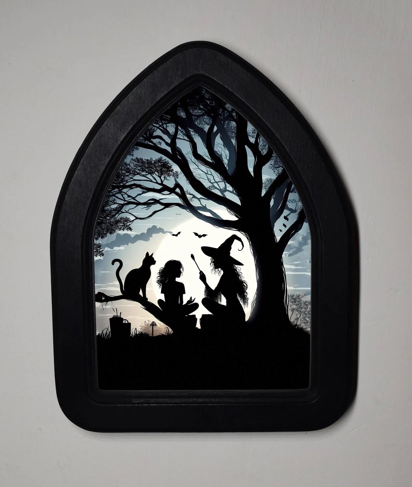 Witch, Girl And Cat By Tree Gothic Halloween Arch Shaped Wooden Framed Print 3"x4", 4"x6"