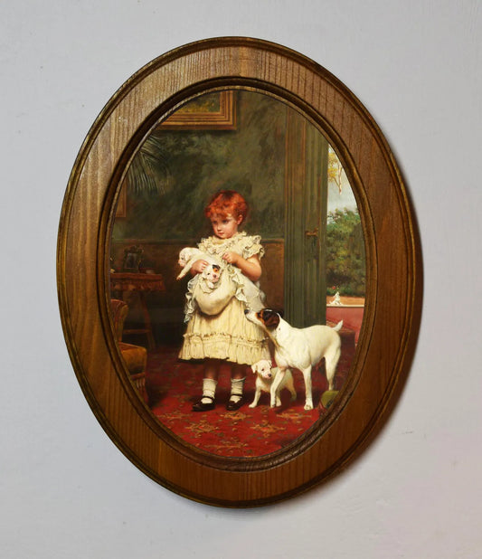 Girl with Dogs Charles Burton Barber Light Oak Oval Wooden Framed Classic Art Print 3"x4", 3.5"x5", 4"x6", 5"x7", 6"x8"