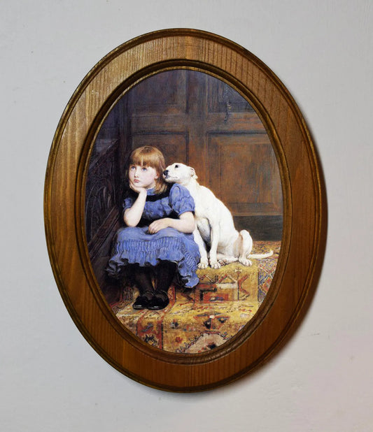 Sympathy Briton Rivière Light Oak Oval Wooden Framed Classic Art Print 3"x4", 3.5"x5", 4"x6", 5"x7", 6"x8"