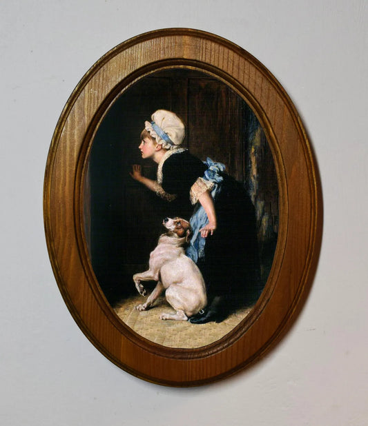 Mother Hubbard Briton Rivière Light Oak Oval Wooden Framed Classic Art Print 3"x4", 3.5"x5", 4"x6", 5"x7", 6"x8"