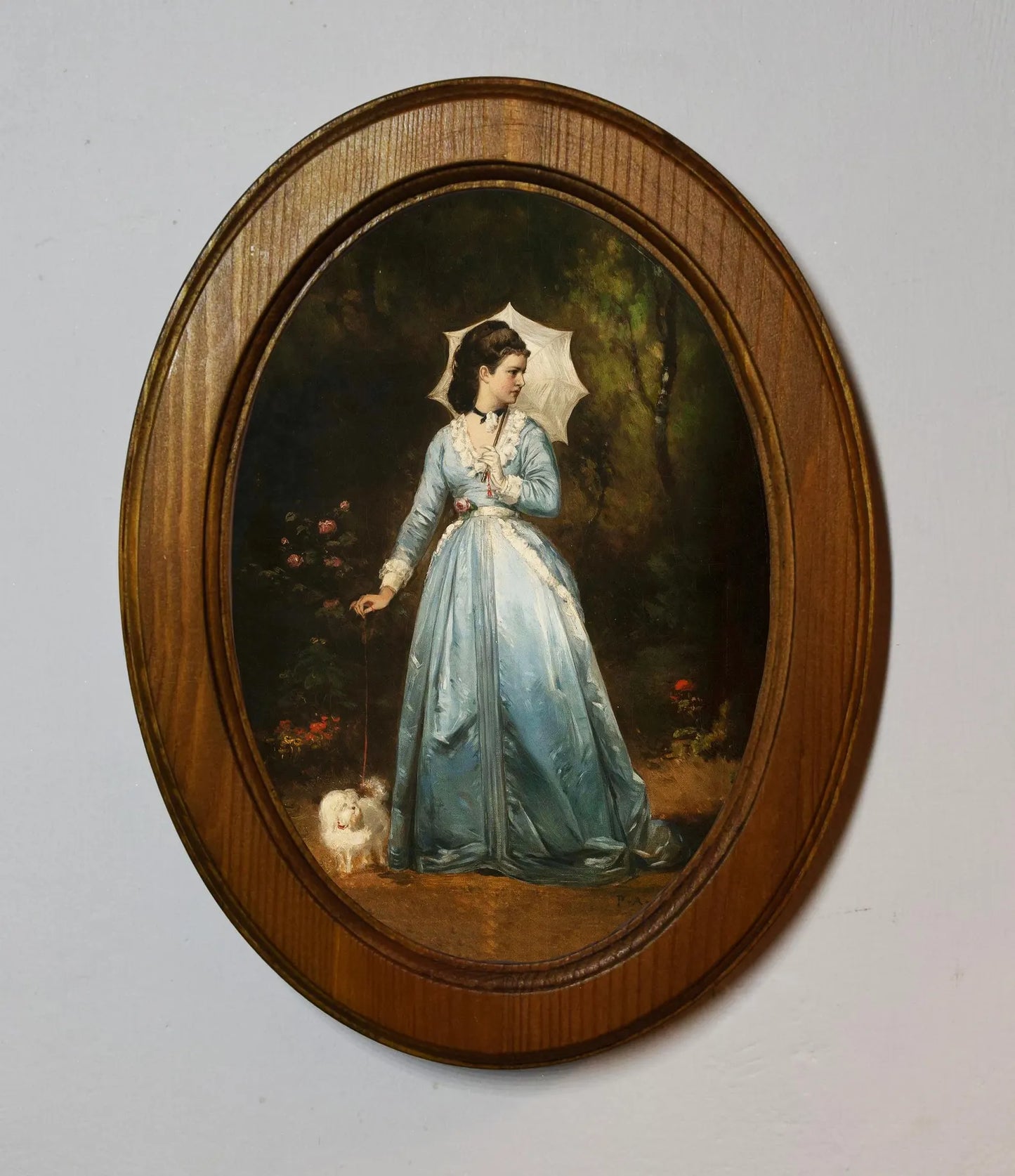 Young Lady Walking Her Dog Pierre Auguste Cot Light Oak Oval Wooden Framed Classic Art Print 3"x4", 3.5"x5", 4"x6", 5"x7", 6"x8"
