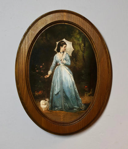 Young Lady Walking Her Dog Pierre Auguste Cot Light Oak Oval Wooden Framed Classic Art Print 3"x4", 3.5"x5", 4"x6", 5"x7", 6"x8"