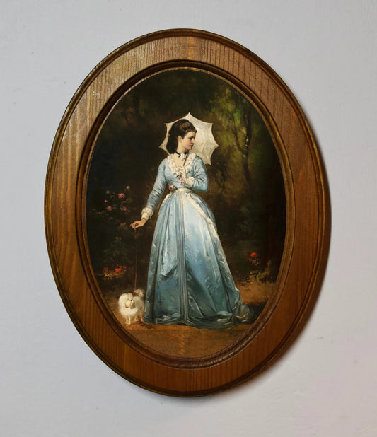 Young Lady Walking Her Dog Pierre Auguste Cot Light Oak Oval Wooden Framed Classic Art Print 3"x4", 3.5"x5", 4"x6", 5"x7", 6"x8"