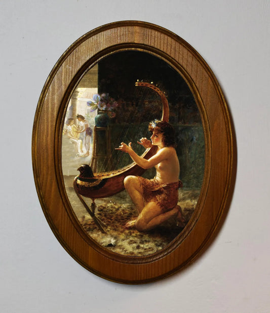 The Harpist Arthur Drummond Light Oak Oval Wooden Framed Classic Art Print 3"x4", 3.5"x5", 4"x6", 5"x7", 6"x8"