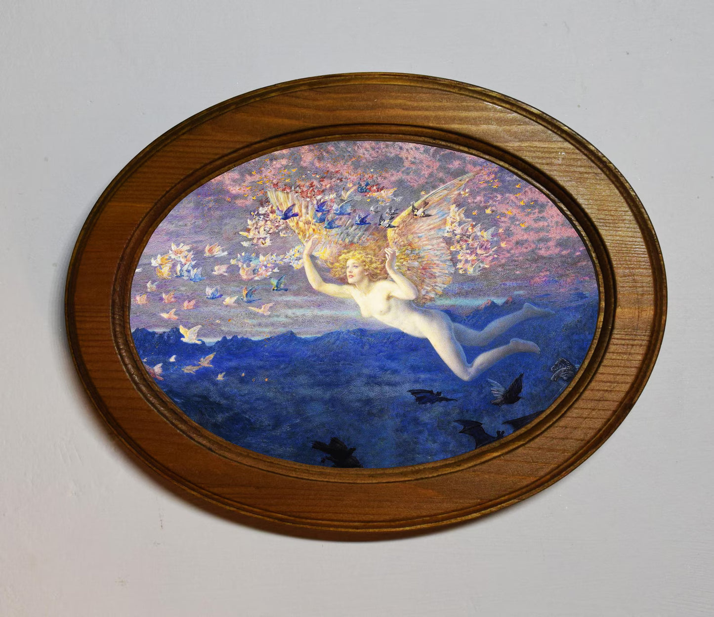 Wings Of The Morning Edward Robert Hughes Light Oak Oval Wooden Framed Classic Art Print 3"x4", 3.5"x5", 4"x6", 5"x7", 6"x8"